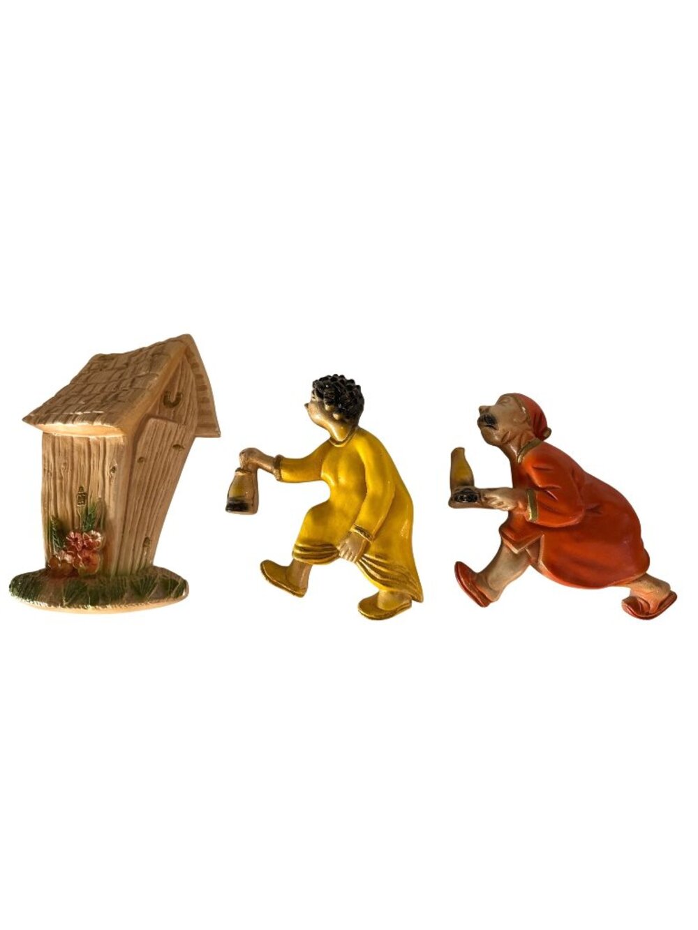 Vintage Ceramic Wall Hanging Outhouse & Figures Set With Handpainted Details